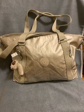 Kipling Metallic Gold Nylon Tote Bag With Zipper Closure & Monkey Keychain